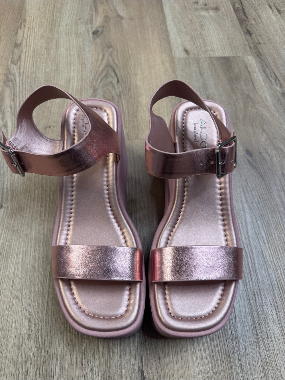 Aldo Metallic Rose Gold Platform Sandals with Ankle Strap